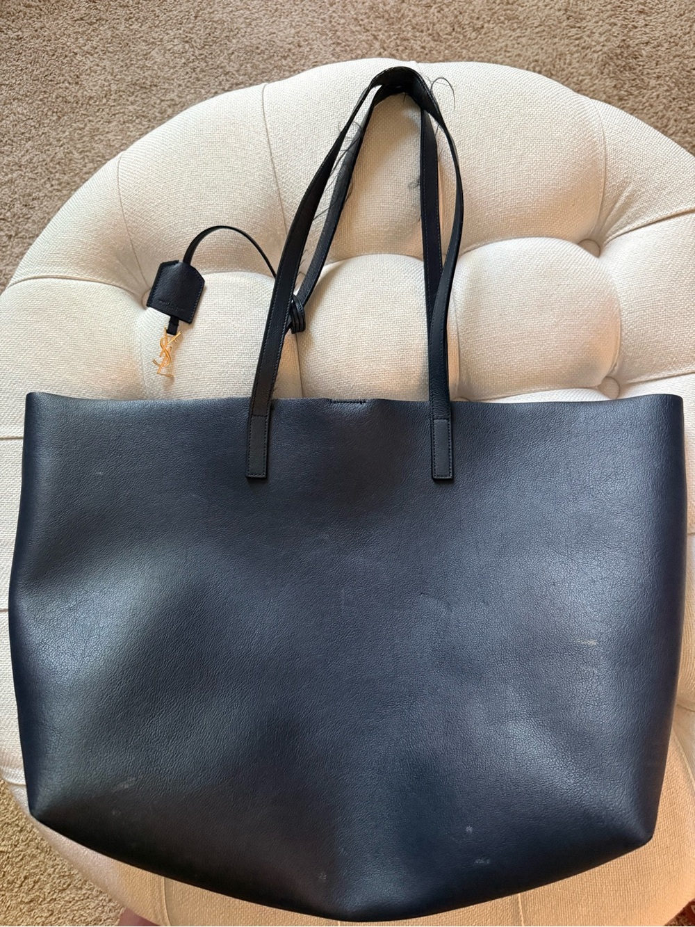 Yves Saint Laurent Navy Leather Shopping Tote with Gold YSL Tag & Inner Clutch - Picture 5 of 11